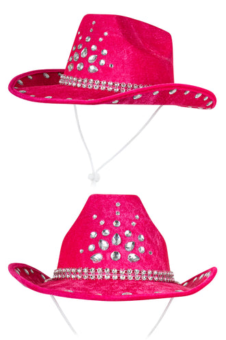 Cowboyhoed roze met strassband, van boven en van voren gezien, voor een themafeest