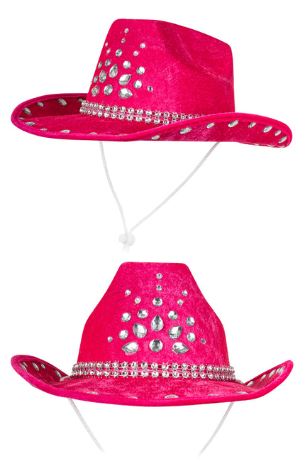 Cowboyhoed roze met strassband, van boven en van voren gezien, voor een themafeest