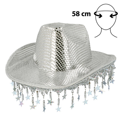 Cowboyhoed Sparkle zilver met spiegelplaatjes op bol en rand en een franje van kralen en sterren