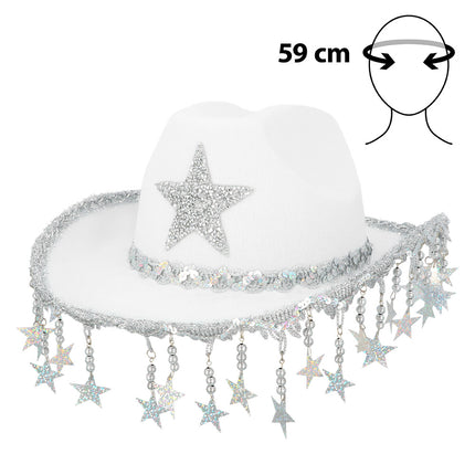Cowboyhoed Stargazing wit met zilveren glitterster op de bol en hoedband van pailletten, hoofdomtrek 59 cm