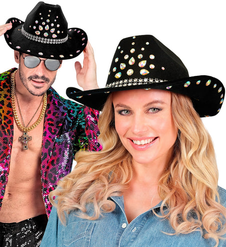 Cowboyhoed zwart met diamanten Sem gedragen door een vrouw en een man op een westernfeest