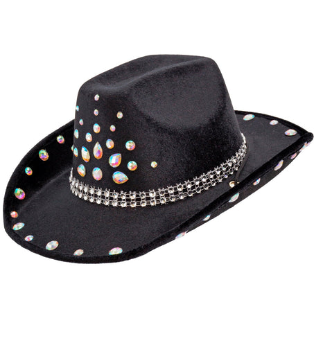 Cowboyhoed zwart met diamanten Sem met regenboogglanzende stenen op de bol en een strassband