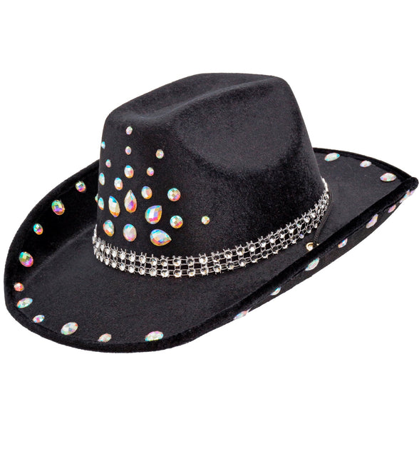 Cowboyhoed zwart met diamanten Sem met regenboogglanzende stenen op de bol en een strassband