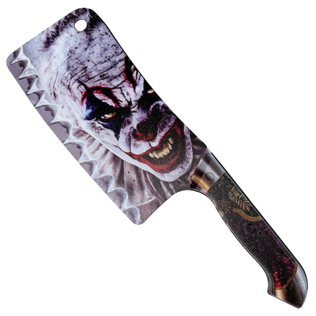 Creepy clown hakbijl met grijnzende horrorclown op het blad en donker heft met paarsrode spetters, voor Halloween