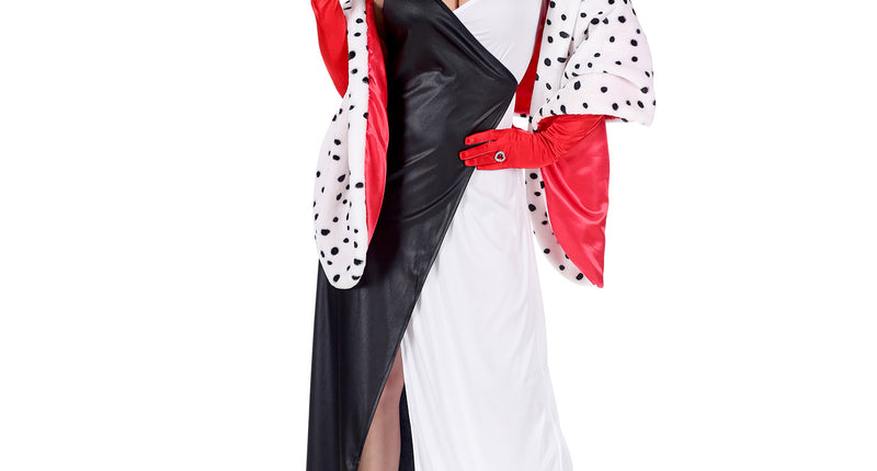 Cruella kostuum dames met zwart-witte lange jurk en gestippelde cape met rode voering, voor Halloween