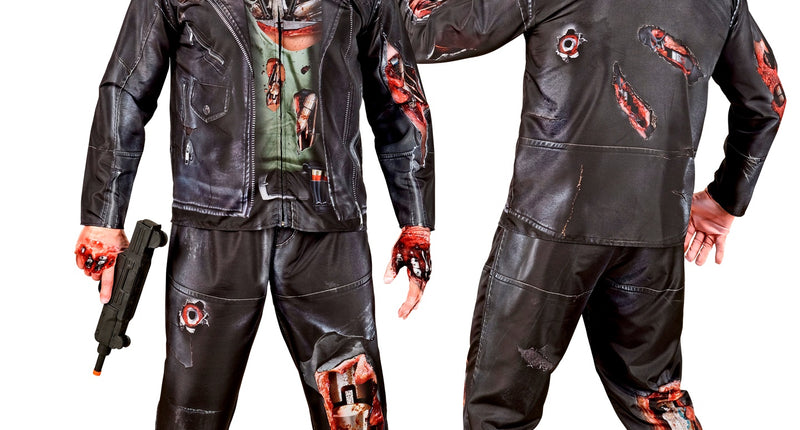Cyborg kostuum Timo voor- en achterkant met zwarte bikerjas en kogelgaten, voor Halloween
