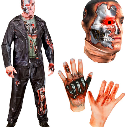 Cyborg masker met rood oog en metalen schedel plus handschoenen met robothandpalm