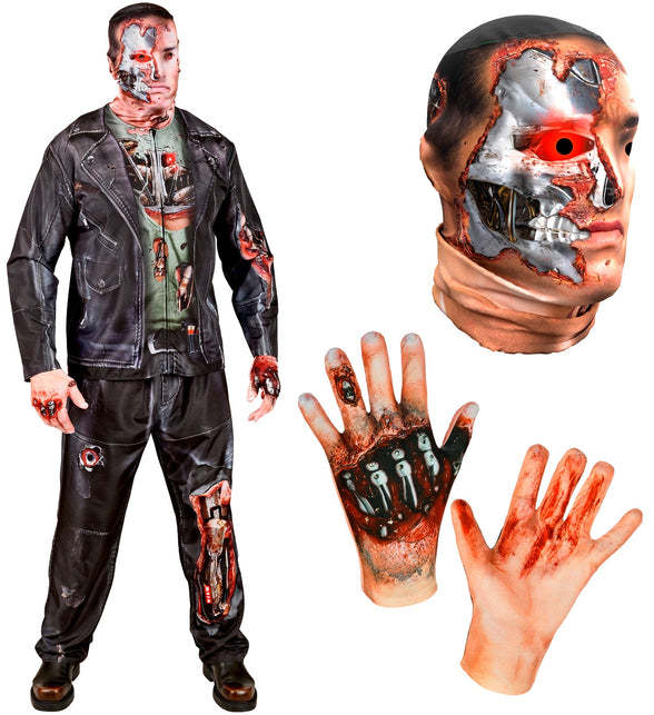 Cyborg masker met rood oog en metalen schedel plus handschoenen met robothandpalm