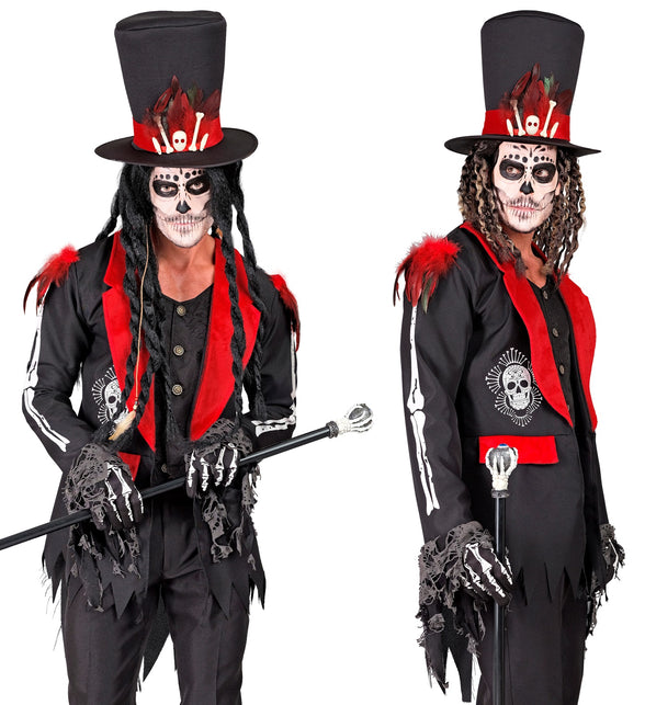 Dag van de doden jas Vera in zwart met rode kraag en botopdruk op de mouwen, voor Halloween