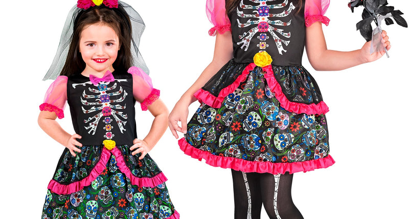 Dag van de doden jurk Anouk kinderen in twee maten, zwart met sugar-skullrok en roze ruches, voor Halloween