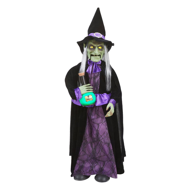 Dansende heks paars 90 cm, staande halloweendecoratie met zwarte cape, punthoed en groene gifflacon