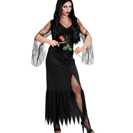Dark lady Dusty jurk met hoge split en wijd uitlopende tule mouwen, vooraanzicht