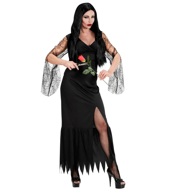 Dark lady Dusty jurk met hoge split en wijd uitlopende tule mouwen, vooraanzicht
