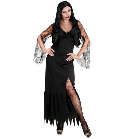 Dark lady Dusty zwarte lange jurk met spinnenwebmouwen en gepunte zoom voor dames op Halloween