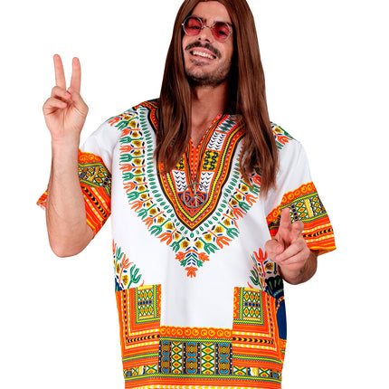 Dashiki shirt Jimmy wit oranje, korte mouwen met gestreepte randen en brede gekleurde banen langs de zoom