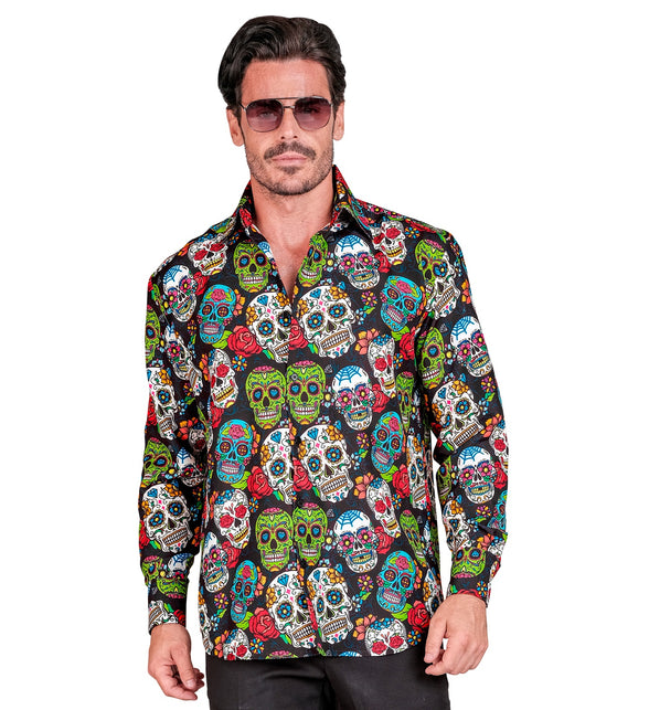 Day of the dead shirt Skully met liggende kraag en doorknoopsluiting, vooraanzicht op model