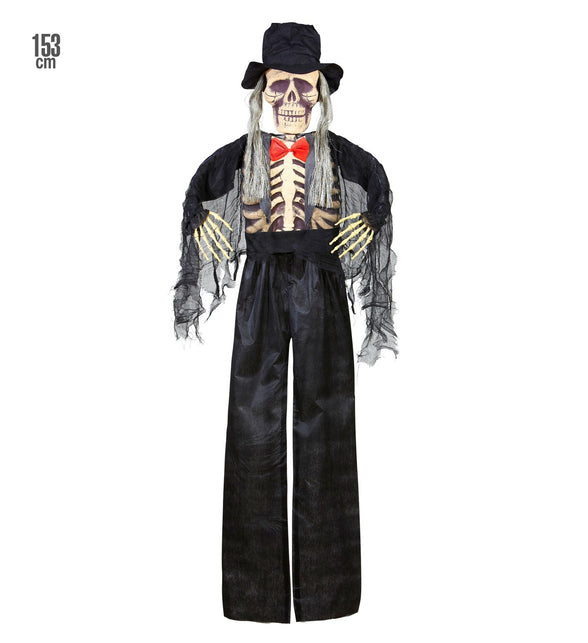 Deco bruidegom skelet scary van 153 cm in zwart kostuum met hoge hoed en rode vlinderdas