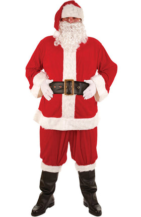 Deluxe kerstman pak 8delig in rood met witte bontranden, zwarte riem met gouden gesp en witte baard