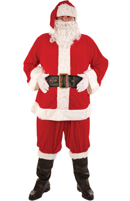 Deluxe kerstman pak 8delig in rood met witte bontranden, zwarte riem met gouden gesp en witte baard