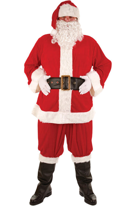 Deluxe kerstman pak 8delig in rood met witte bontranden, zwarte riem met gouden gesp en witte baard
