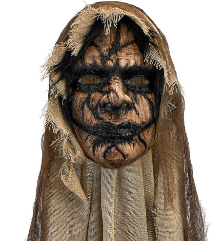 Demonenmasker met cape voor heren, bruin gezicht met zwarte scheuren en jutekleurige kap