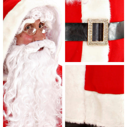 Detail van baard met snor, witte wenkbrauwen, zwarte riem met goudkleurige gesp en pluche zoom