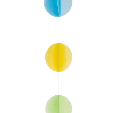 Detail van het ballonlint: blauw, geel en groen bolletje met 3D-effect uit twee helften