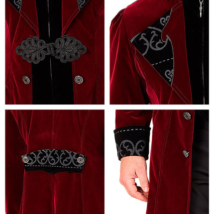 Detail bordeaux gothic jas: zwarte gevlochten siergesp, zilverkleurige knopen en krullenprint