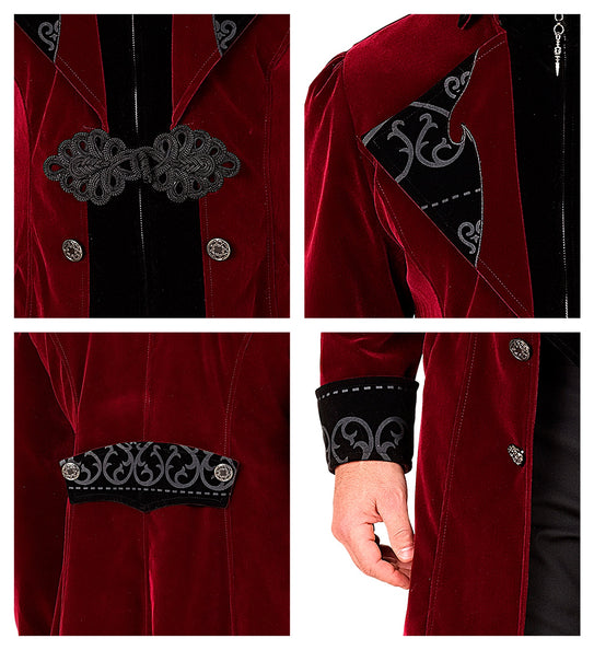 Detail bordeaux gothic jas: zwarte gevlochten siergesp, zilverkleurige knopen en krullenprint