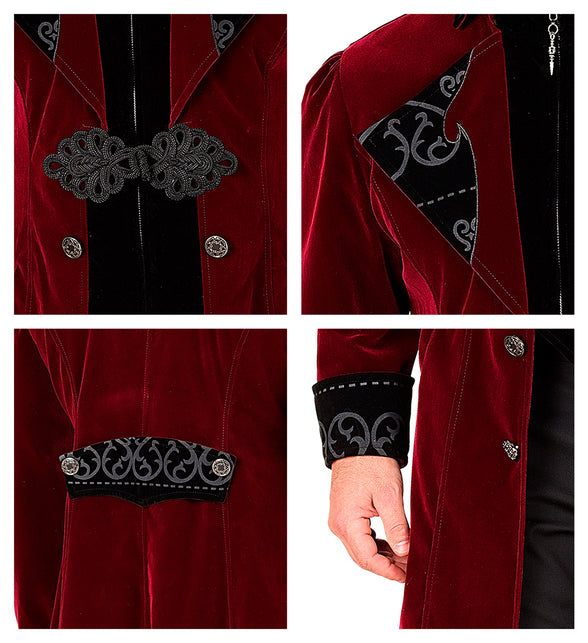 Detail bordeaux gothic jas: zwarte gevlochten siergesp, zilverkleurige knopen en krullenprint