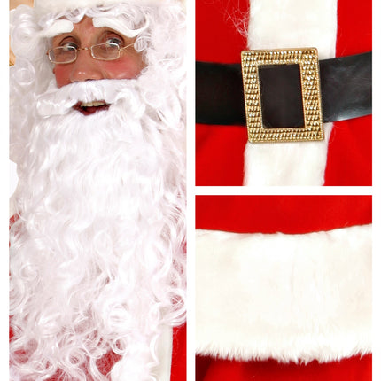 Detail van kerstman pruik, baard met snor en witte wenkbrauwen plus de gouden rechthoekige gespen