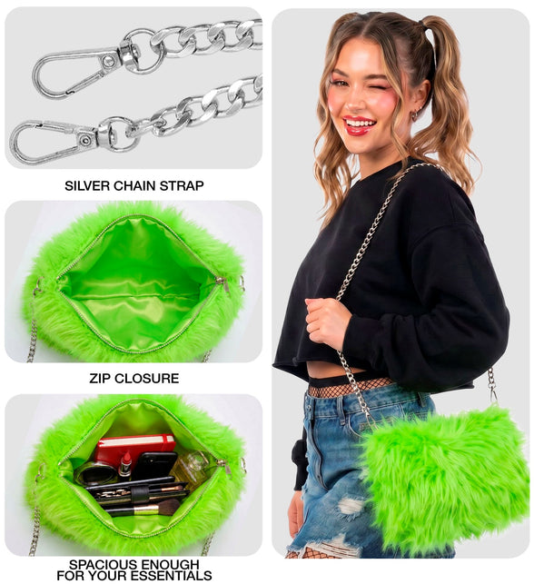 Detail van de neongroene handtas: karabijnhaken, rits en groen gevoerde binnenkant met make-up