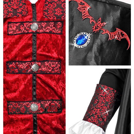 Detail rood fluwelen vest met zilverkleurige knopen en hoge hoed met rode vleermuis en blauwe steen