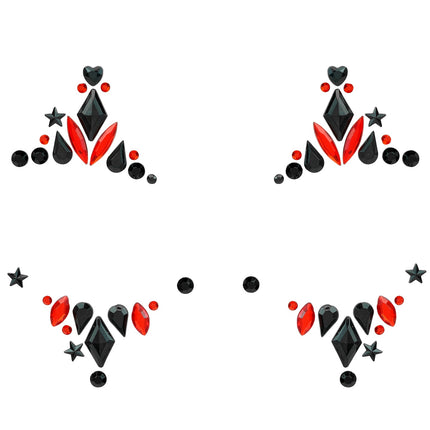Detail van de steentjes: hartjes, sterren, druppels en spitse rode ovalen in zwart en rood