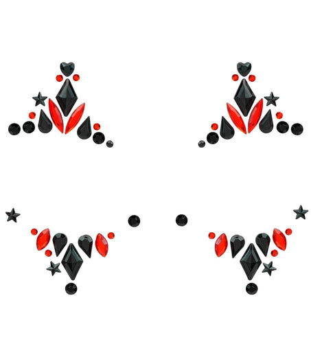 Detail van de steentjes: hartjes, sterren, druppels en spitse rode ovalen in zwart en rood