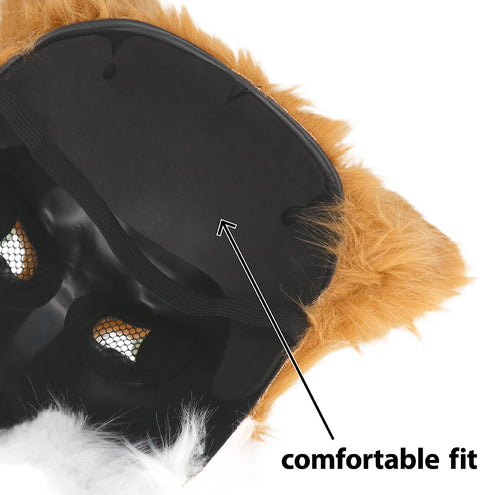 Detail van de zwarte binnenschaal en het elastiek van het pluchen halfmasker vos
