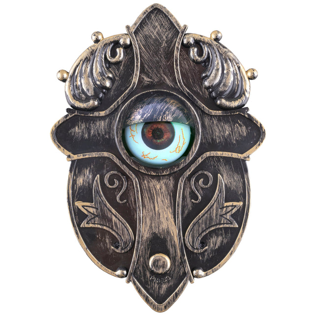 Deurbel met bewegend oog in brons-zwarte look, met lichtblauwe oogbol en drukknop, halloweendecoratie