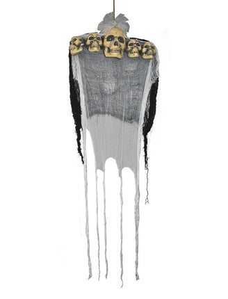 Deurdeco schedels 150 cm met vijf schedels boven grijs gaas en witte flarden voor Halloween