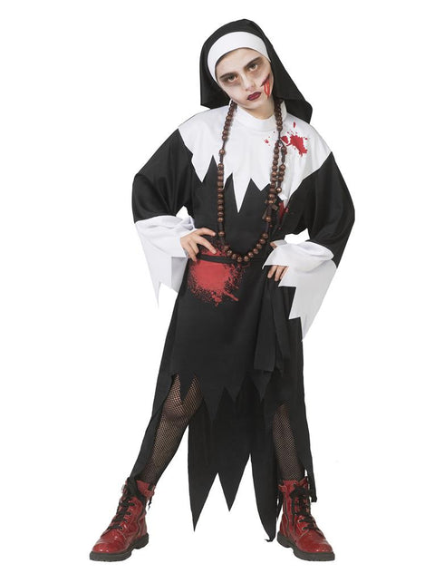 Devil Nun kostuum meisjes: zwart-witte nonnenjurk met bloedspatten en gepunte zoom voor Halloween