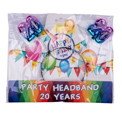 Diadeem 20 jaar regenboog in verpakking met feestelijke opdruk voor een verjaardagsfeest