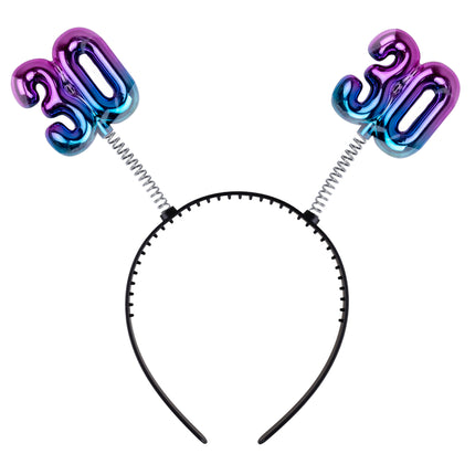Diadeem 30 jaar regenboog met paars-blauwe ballooncijfers op springveertjes en zwarte haarband