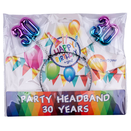 Diadeem 30 jaar regenboog in verpakking met Happy Birthday-print voor een verjaardagsfeest