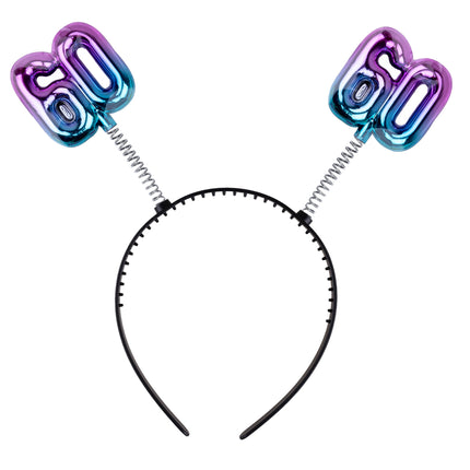 Diadeem 60 jaar met metallic paars-blauwe cijfers op springveren, zwarte haarband voor een 60e verjaardag