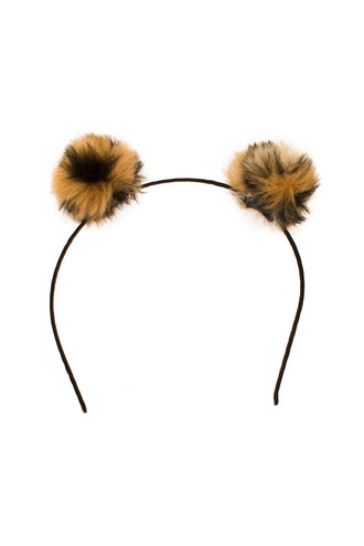 Diadeem bol panter met twee pluizige bruin-zwarte bolletjes op een smalle zwarte haarband