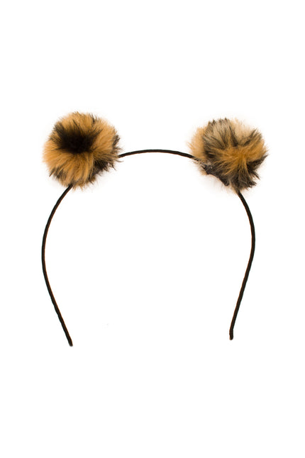 Diadeem bol panter met twee pluizige bruin-zwarte bolletjes op een smalle zwarte haarband