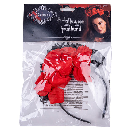 Diadeem met roosjes in verpakking, rode rozen op zwarte haarband van Funny Fashion