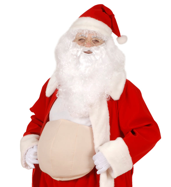 Dikke buik foam gedragen onder een rood kerstmanjasje met witte baard, voor Kerst
