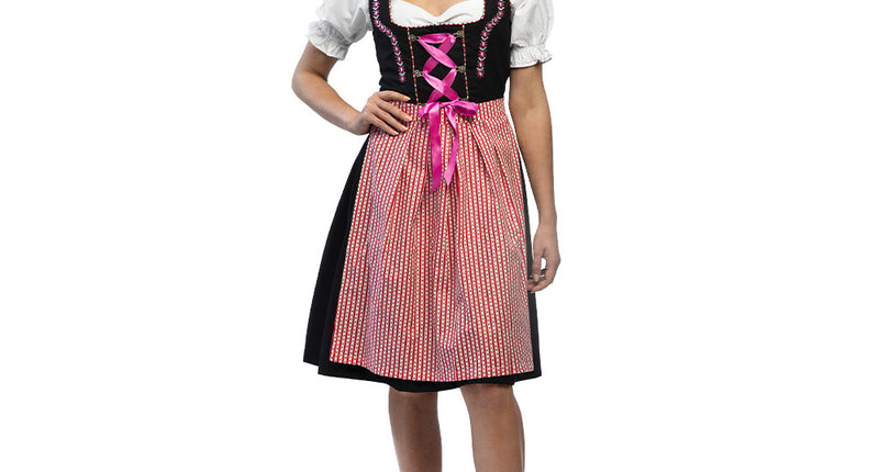 Dirndl Frau Fischer dames: zwarte jurk met roze veterlint, wit topje en rood-roze schort voor Oktoberfest