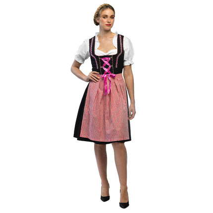Dirndl Frau Fischer dames: zwarte jurk met roze veterlint, wit topje en rood-roze schort voor Oktoberfest