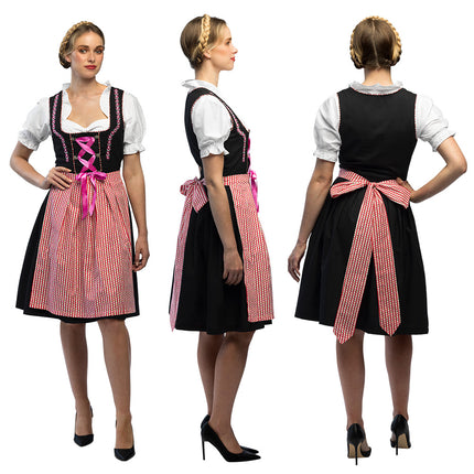 Dirndl Frau Fischer van voren, opzij en achter met brede schortstrik op de rug en wijde zwarte rok